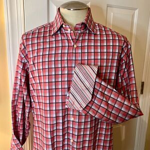 NWOT Thomas Dean Salmon Blue Navy White Plaid Shirt w/ Stripe Flip Cuff Size XL